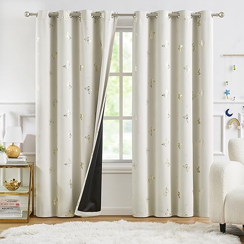 Image of Jubilantex Butterfly Blackout Curtains 95" Long for Kids Bedroom, Beige and Gold Print Floral Butterfly Curtains with Black Layer Room Darkening Grommet Window Drapes for Bedroom Girls Room,52x95