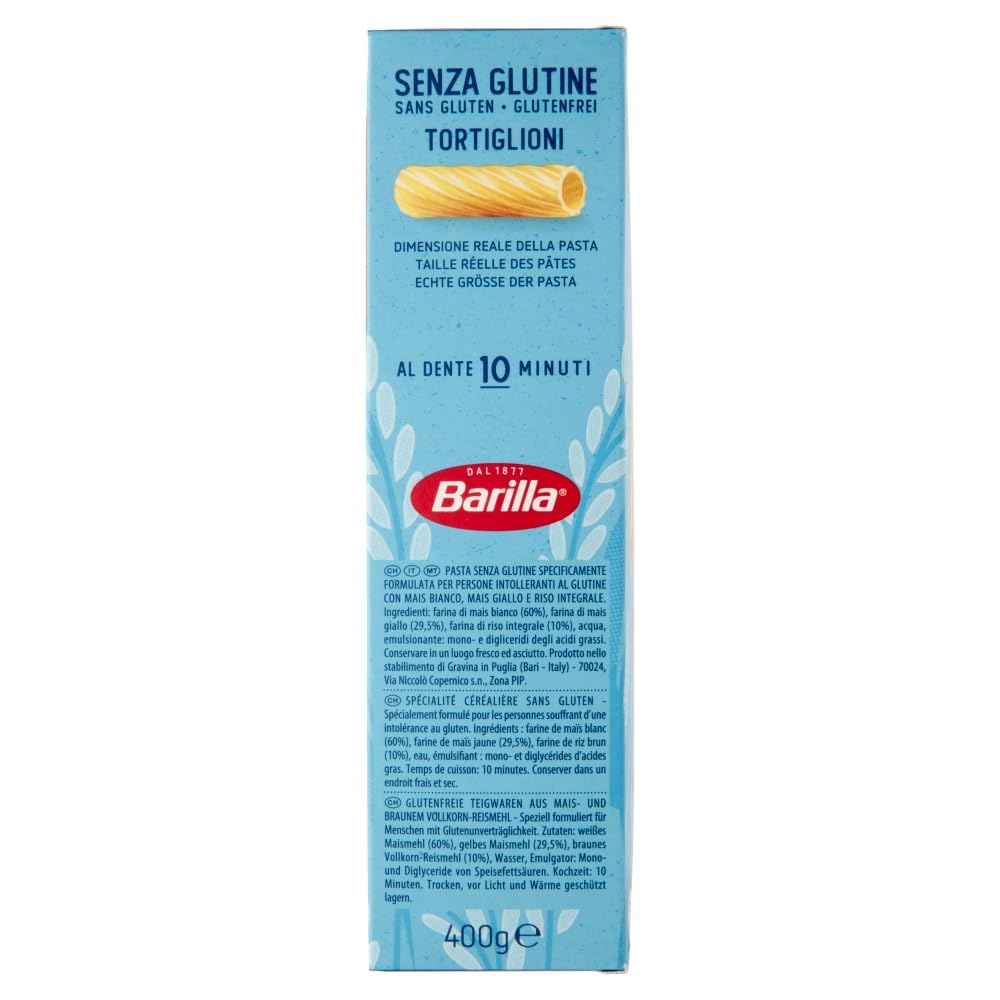 8x Barilla Pasta Tortiglioni Senza Glutine,Glutenfreie Nudeln aus weißem Mais, gelbem Mais und braunem Reis 400g + Beni Culinari Kostenloser Schlüsselanhänger