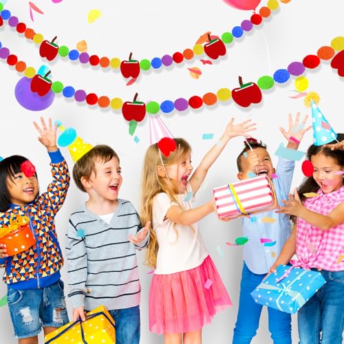 Image of 3 Pcs Back to School Felt Banner Apple Garland Classroom Return to School Pom Pom Ball Colorful Pompom Hanging Banner Hanging Garlands for First Day of School Classroom Decoration