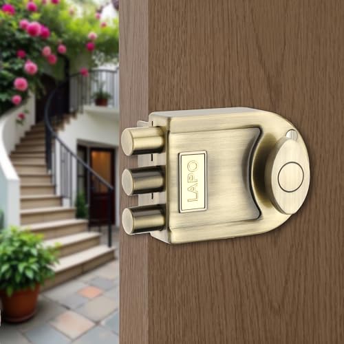 Image of LAPO Antique Brass Tri-Bolt Lock for Main Door, Deadbolt Security Lock for Wooden Doors, Fixed Cylinder Design with 4 Brass Keys, Suitable for Inside & Outside Opening, Stylish Heavy-Duty Door Lock