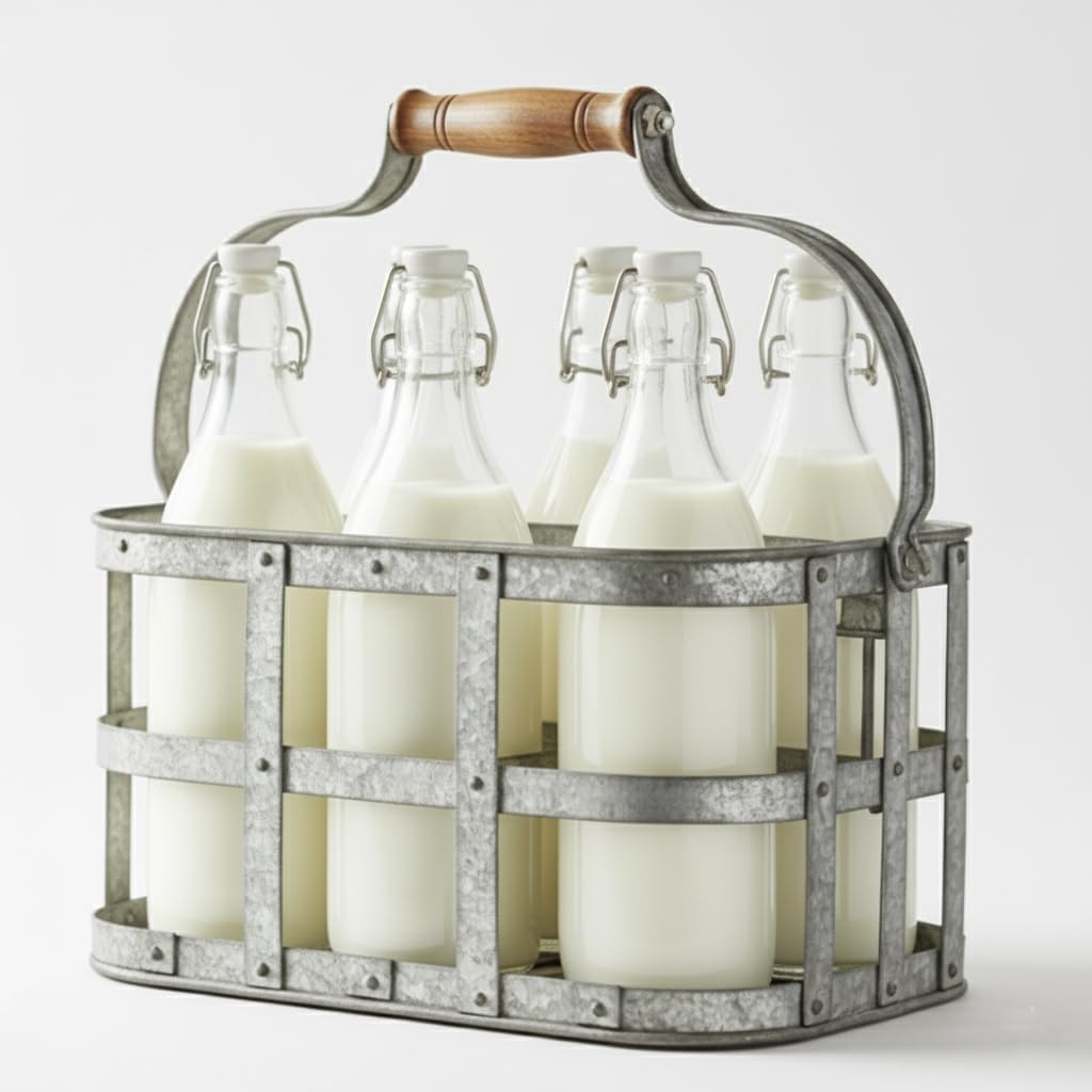 Galvanised Nostalgia 6 Milk Bottle Holder Metal Wire Tidy Farmhouse Crate Rack Carry Carrier Doorstep Store Drink Beer Wine Kitchen Storage Organiser Holder Caddy with Integrated Handle