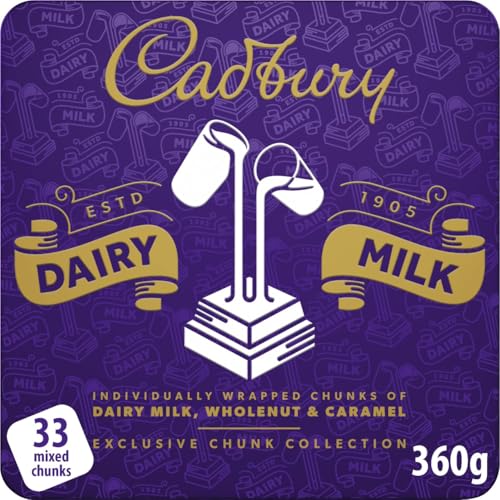 Cadbury Dairy Milk Exclusive Chunk Collection Tin, Includes Dairy Milk, Wholenut & Caramel Chunks, Approximately 33 mixed Chunks, 360 g (Pack of 1)