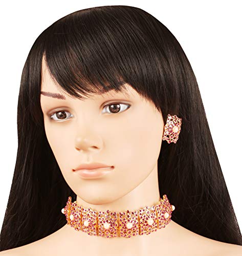 Image of Touchstone Mughal Jali Collection Gold Tone Indian Mughal Bollywood White Diamante Jewelry Choker Set for Women