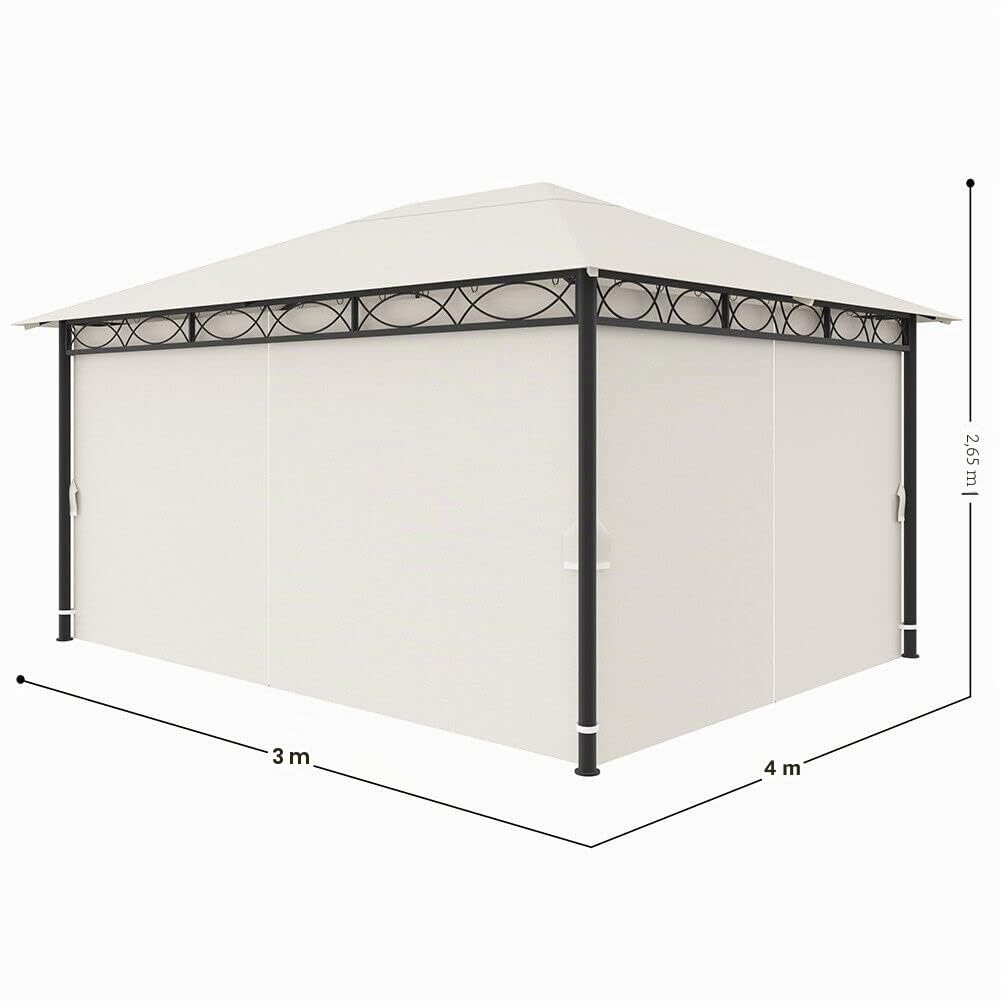 BAKAJI Tonnelle de jardin 3 x 4 m Beige en métal robuste avec rideaux, fermeture éclair, idéale pour l'extérieur, bâche imperméable, structure tubulaire en fer, design élégant et moderne (3x4 mètres)