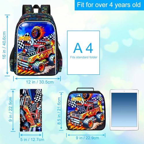 Image of 16 inch Truck Backpack for Boys, 3Pcs Car Kids Bookbag with Lunch Box, School Backpacks Set for Elementary Preschool Kindergarten(Red)