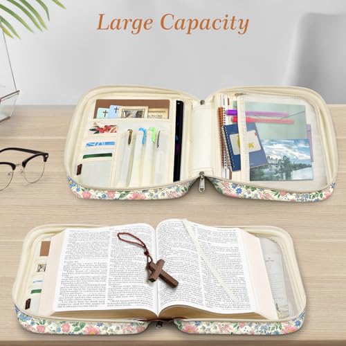 Image of FINPAC Bible Cover, Carrying Book Case Church Bag Bible Protective with Handle and Zippered Pocket, Gift for Mother Lady Women, Floral Beige