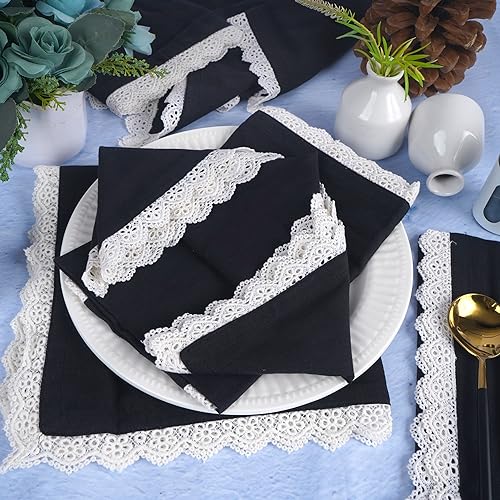 Image of FINGERCRAFT Cloth Napkins, Cotton Table Napkins with White Lace Edge, Reusable Washable Dinner Napkins for Wedding, Festive Dining, Parties & Home Decor (6, Black Premium Lace, 20 inchx20 inch)