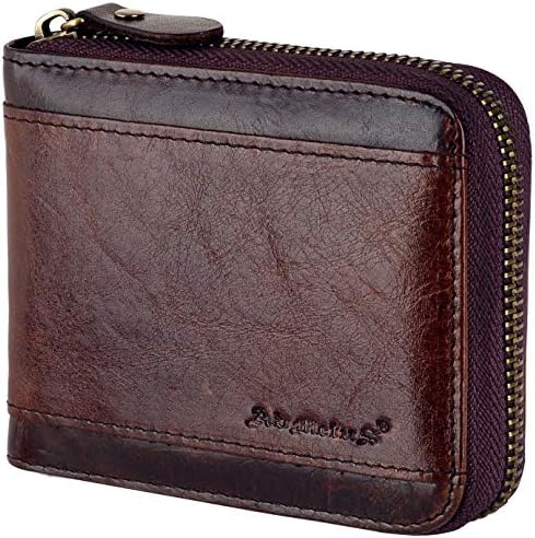 Admetus メンズ RFIDブロッキング財布 ジッパーレザーウォレット 男性用 二つ折りRFIDカードホルダー, ブラウン-23, M, 二つ折り。
