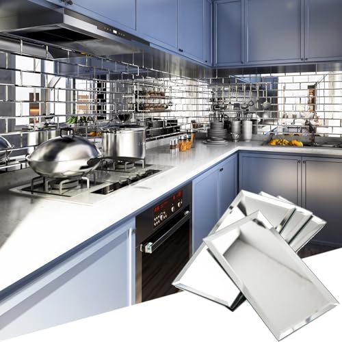 Diflart Beveled Mirror Backsplash Tiles for Kitchen, Silver Subway, 4x8 Inch, Mirror TIile for Bathroom Accent Wall, Pack of 5.7 Sq.ft