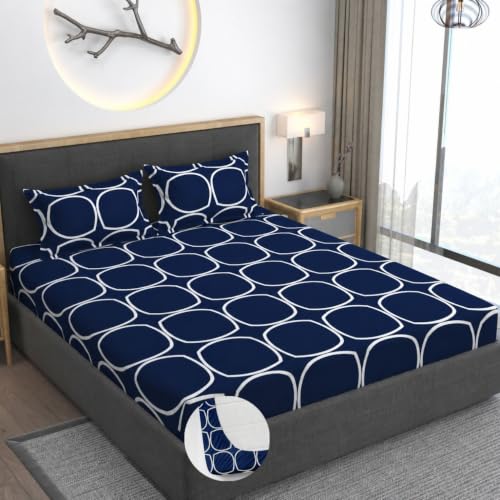Image of Vaini Premium Heavy Cotton Elastic Fitted Bedsheets with 2 King Size Pillow Covers || Double Bed with All Around Elastic 350 (Blue Round, 72x72 Inch King Fitted)