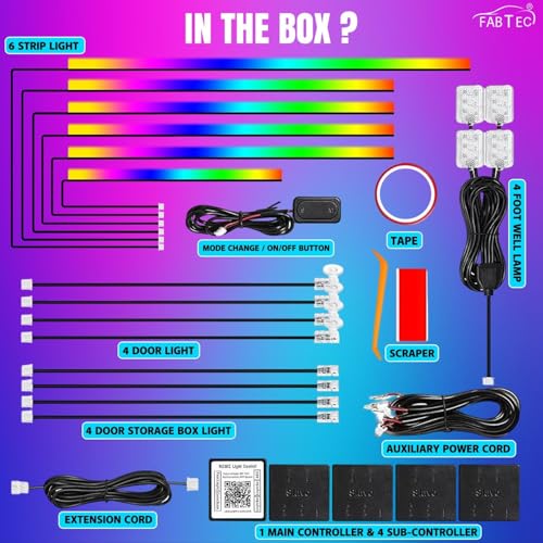 Image of Fabtec K4 Ambience Light 18 in 1 Multi Color Running Matrix Interior Atmosphere Ambient Light for Dashboard, Under Dashboard & Doors (App Controlled, 18 Pc)