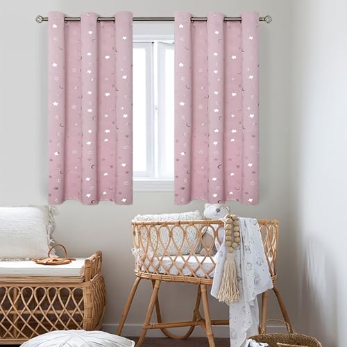 Image of BGment Pink Curtains for Girls Bedroom, Short Star and Moon Blackout Curtains for Nursery, Thermal Insulated Room Darkening Kids Window Curtains with Grommet, 42 W x 54 L, 2 Panels, Light Pink