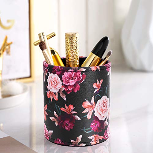 Image of Round Leather Pen Pencil Holder for Desk, Black Flower