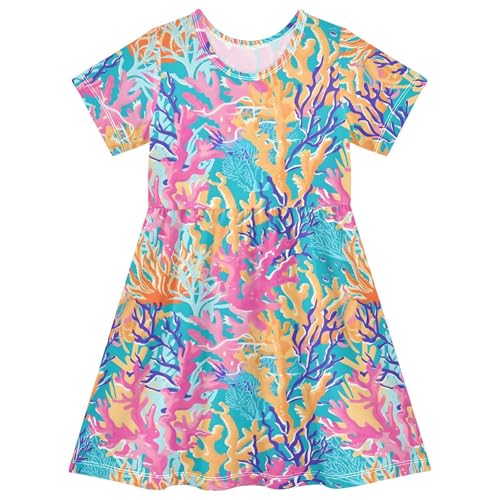 ALAZA Tropical Coral Reef Toddler Girls Dress Short Sleeve A-line Dress 2-8 Years