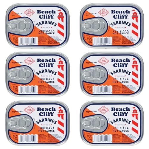 Beach Cliff Wild Caught Sardines in Louisiana Hot Sauce, 3.75 oz Can - 11g Protein per Serving - Gluten Free, Keto Friendly (Pack of 6)
