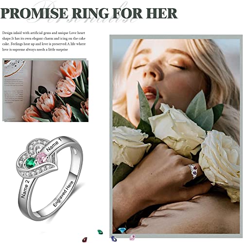 Personalized 2 Birthstones Rings Silver Heart Custom Engraved Name Ring Wedding Family Christmas Mother Days Birthday Anniversary Jewelry (2 stones)3