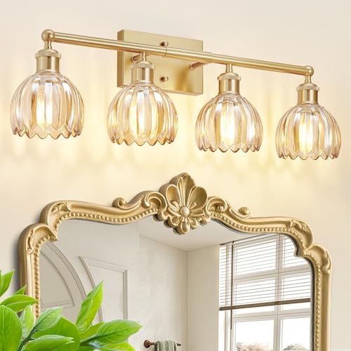 Image of Bathroom Light Fixtures Over Mirror, 27.2 in Vintage Bathroom Light Fixture 4 Light,Antique Brass Wall Sconce with Amber Tulip Glass Shade for Bedroom Living Room,Foyer,Hallway, E26 Base