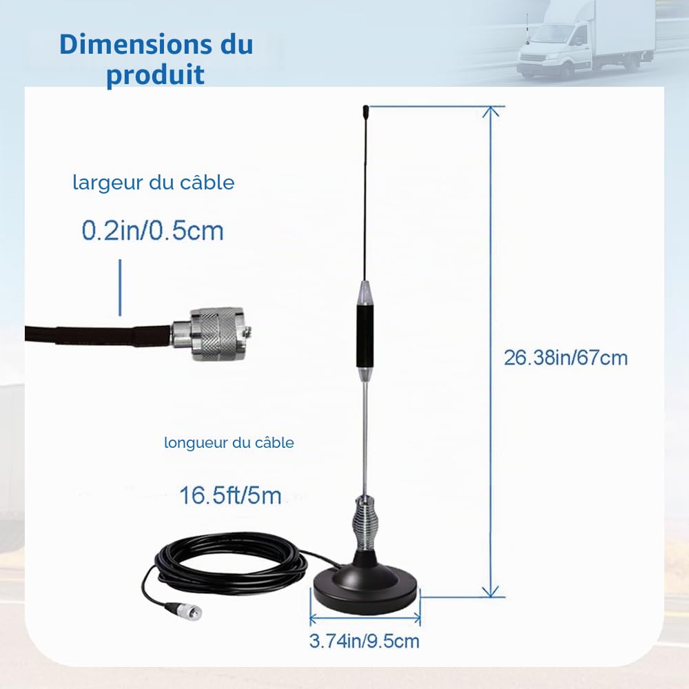 Antenne CB (27 MHz, Ht 67cm) Longue Portée | Compatible avec CiBi Président, Midland, Uniden | avec Socle Magnétique(Ø95 mm), Câble RG58 (5 m, 50 Ω), Fiche PL259 et Adaptateur (UHF vers BNC)