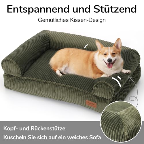 FUKUMARU Hundebett für große Hunde, Flauschiges & Hundesofa mit wasserabweisender TPU-Schicht, Cordstoff, Waschbar und rutschfest, Abnehmbarer Reißverschlussbezug, 93 x 63 x 22 cm, Grün