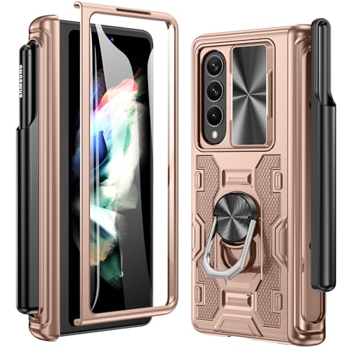 Maxdara for Z Fold 3 Case with Pen Holder and Hinge Protection, Slide Camera Cover +Tempered Glass Screen Protector + Kickstand(Rose Gold)