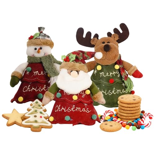 クリスマスバッグ - 3個・かわいい・ジッパー・ポーチ,3D 人形 サンタクロース 雪だるま トナカイ クリスマス フルーツ バッグ | キャンディ・グッディ・クッキー・ホリデー・パーティー・セレブレーション用