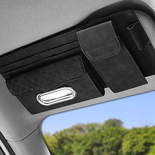 Image of Automaze Suede Sun Visor Organizer Tissue Napkin Box Holder, with Sunglass Holder, Card Slot, Pen Holder (Black)