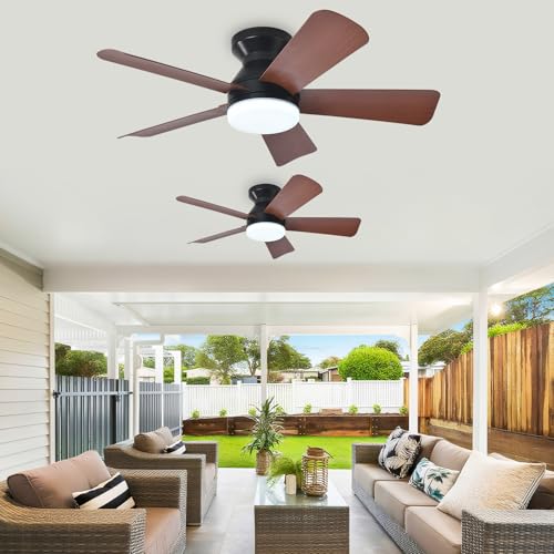 Image of Depuley 35-Inch Ceiling Fan with Light: Walnut 5 Blade Low Profile Small Fans for Kitchen Bedroom - Flush Mount Ceiling Fan for Indoor /Outdoor with Remote Control Reversible Timer - 2 Packs
