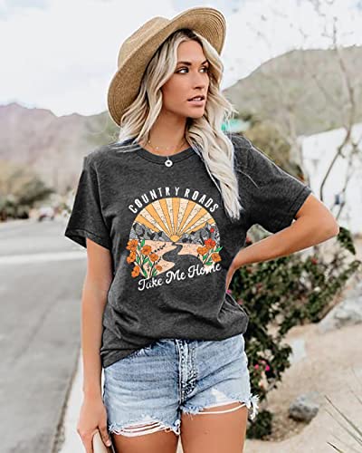 Country Music Shirts for Women Country Roads Take Me Home Shirt Vintage Western Short Sleeve Tees Top2