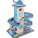 B&Julian Holz Parkhaus Garage 3 Etagen mit Aufzug 4 Autos und Hubschrauber Zubehör Spielzeug für Kinder ab 3