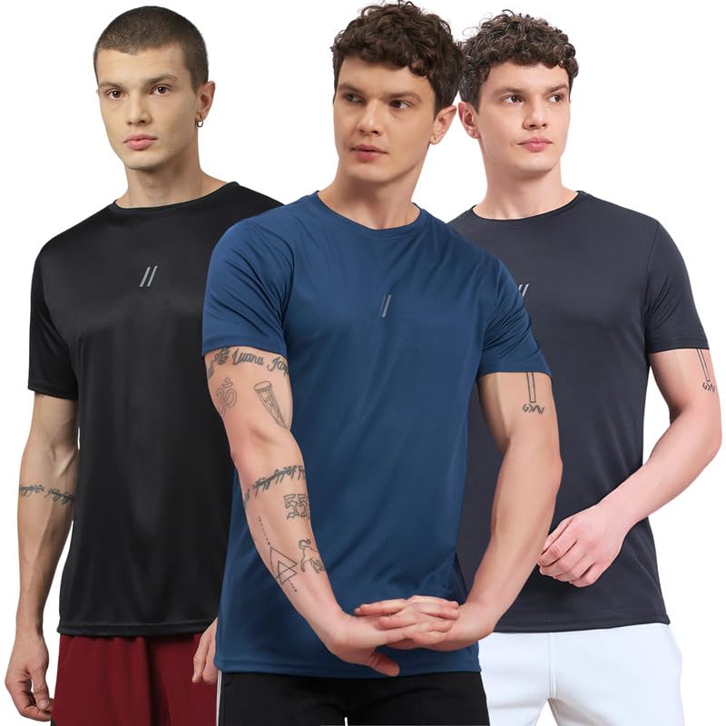 Image of ATICX Slim Fit Polyester Sports T-Shirt for Men - Round Neck Quick Dry Fit Half Sleeve Breathable Stylish Gym & Workout Tee - Lightweight Running Cycling Football Swimming Training Sportswear Top
