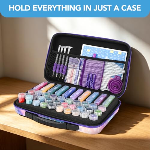 Image of MERATIA Diamond Painting Storage Case Organizer, 40 Slots with Accessories | Celestial Journey hard-shell case with 10 flip-top boxes, 30 screw-top jars, foam insert, mesh pocket and tools.