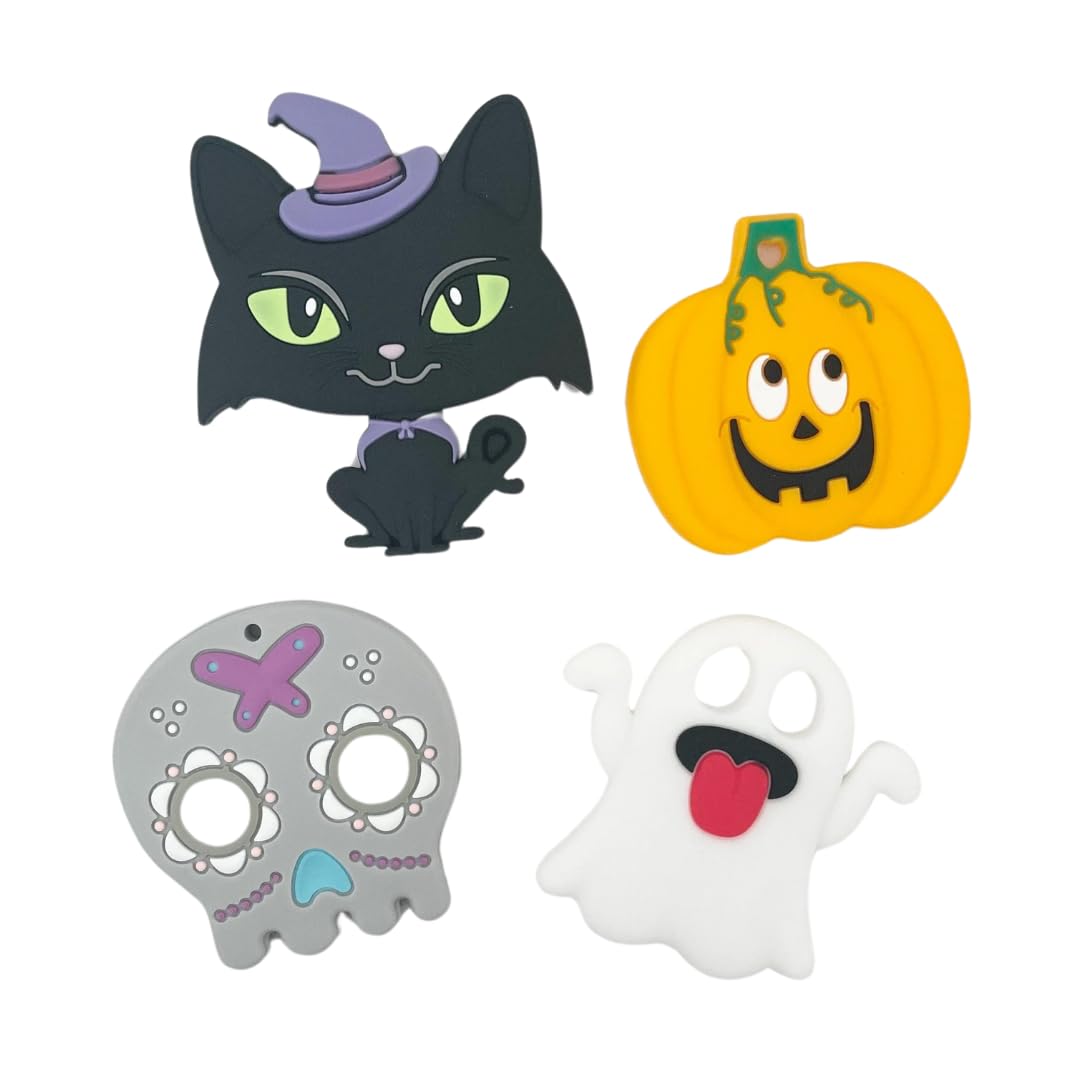 Halloween Baby Toy, Soft Silicone Food-Grade Teethers for Baby, BPA Free and Food Grade - Skull, Pumpkin, Ghost, Black Cat, Teether Toy Gift (4-Pack)