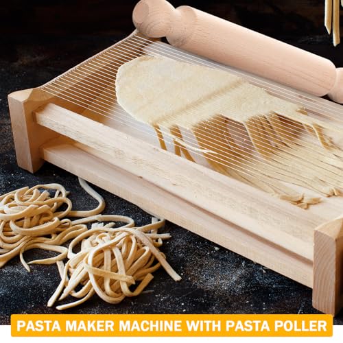 Chitarra Cutter Italian Pasta with Rolling Pin Guitar Board Making Tool Pasta Machine for Spaghetti, Lasagna(Wood Color)