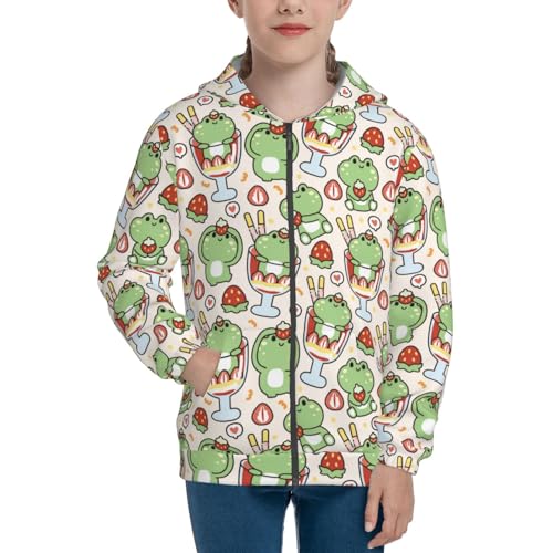 Cute Frog with Ice Cream Kids Pullover Hoodies Boys Zip Up Sweatshirts Girls Athletic Clothes with Pocket3