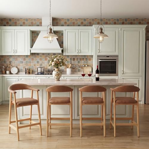 Image of 26 inch Bar Stools Set of 2, Upholstered Counter Stools, Modern Faux Leather Counter Height Bar Chairs with Backs and Arms, Wood Legs and Footrest, for Kitchen Counter, Island, Dining Room, Brown