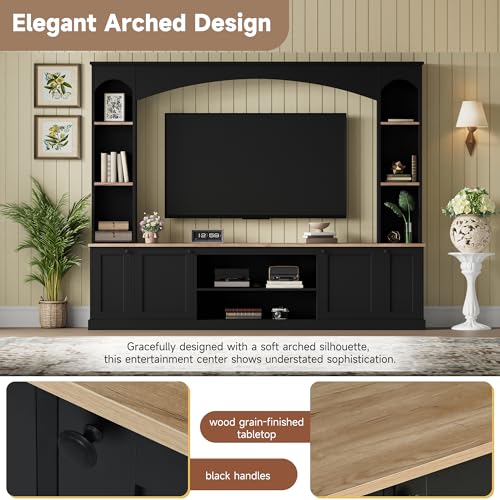 Image of JIJIWANG 91 inch Arched Entertainment Center with Bookshelf for TVs Up to 70 inch, Large Wall Unit Tv Stand with Storage Adjustable Shelves Doors for Living Room Black