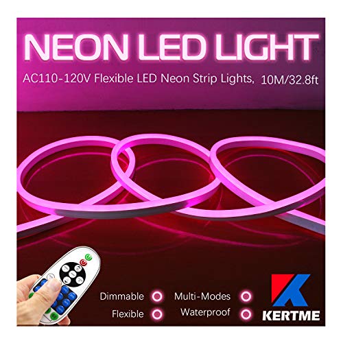 KERTME Neon Led Type AC 110-120V LED NEON Light Strip, Flexible/Waterproof/Dimmable/Multi-Modes LED Rope Light + 23 Keys Remote for Home/Garden/Building Decoration (32.8ft/10m, Pink)