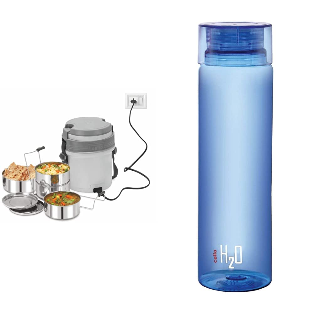 Cello Newton Electric Lunch Box with 4 Containers (Grey) & H2O Unbreakable Plastic Bottle, 1 Litre, Assorted Color Combo (B085JC1TX8) Amazon Price History, Amazon Price Tracker