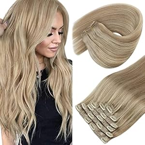 Sunny Clip in Hair Extensions Blonde Clip in Extensions Real Human Hair Blonde Hair Clip Extensions Invisible Clip in Extensions Light Blonde Highlights Golden Blonde Hair Extensions 120g 7pcs 18inch