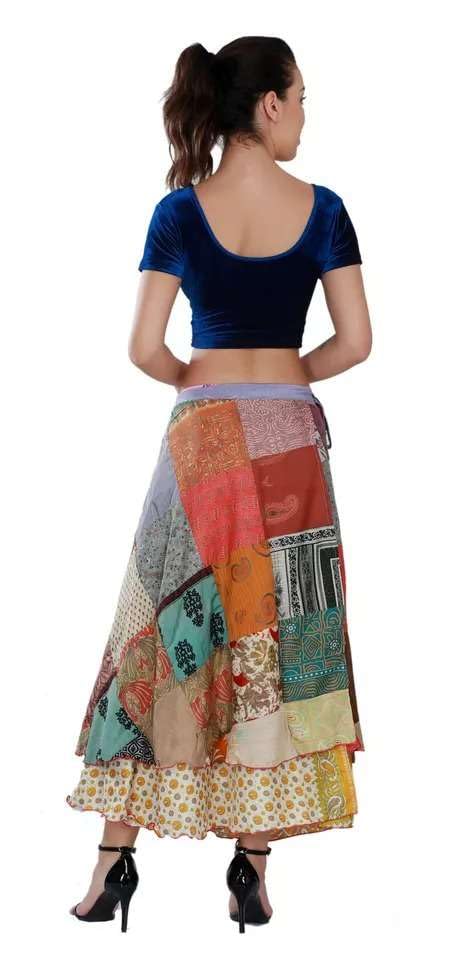 YILLE Boho Sari Silk Vintage Patchwork Wraparound Long Skirt for Women Ethnic Tie Waist Gypsy Skirt Multicolor Asymmetrical Free Size, Ethnic Fashion for Any Occasion and Casual Outings (Pack of 2)4