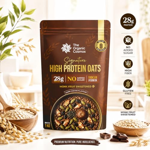 Image of The Organic Cosmos Signature High Protein Oats | 28g Protein | No Added Sugar | Dark Cocoa Flavour | Gluten Free | High Fiber | Sweetened with Monk Fruit Extract | 1kg