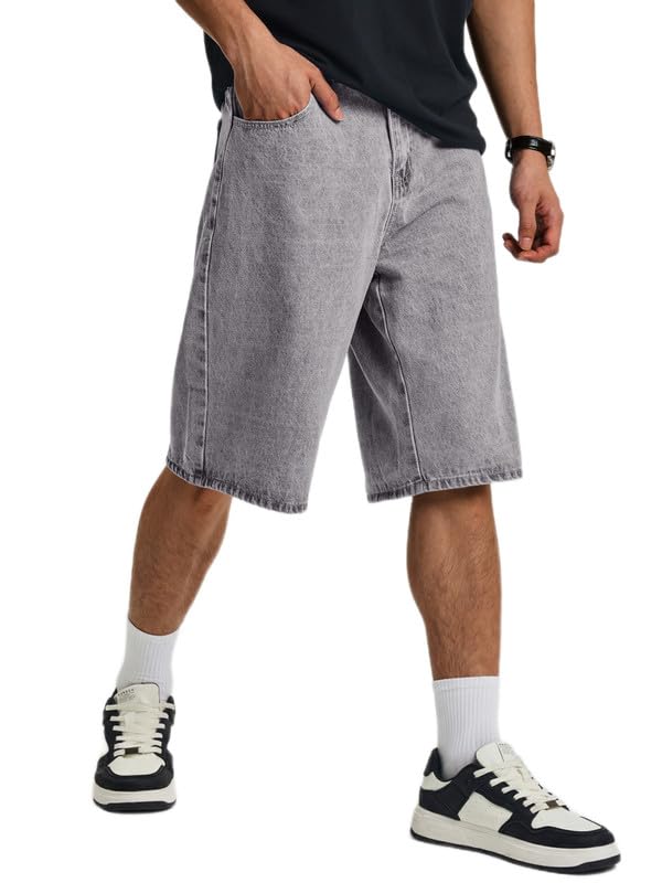 JMIERR Herren Jeans Shorts Grau Baggy Y2K Denim Kurze Jeanshose Loose Fit Jogginghose Männer Raw Jeanspants M