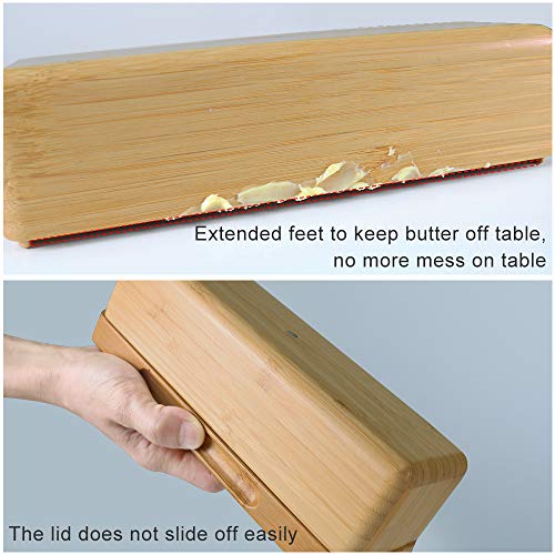 Bamboo Butter Dish with Measurements and Knife by HTB, Smart Covered Butter Keeper, Extended Feet to Keep Butter Mess Off the Table, Easy Scoop Ramps, Magnetic to hold the butter-covered knife
