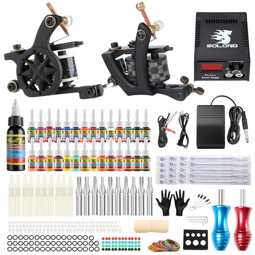 Solong Tattoo Kit for Beginners Traditional Tattoo Gun Kit 2 Pro Machine Tattoo Machine Kit Complete Tattoo Kit 28 Inks TK224-Pro