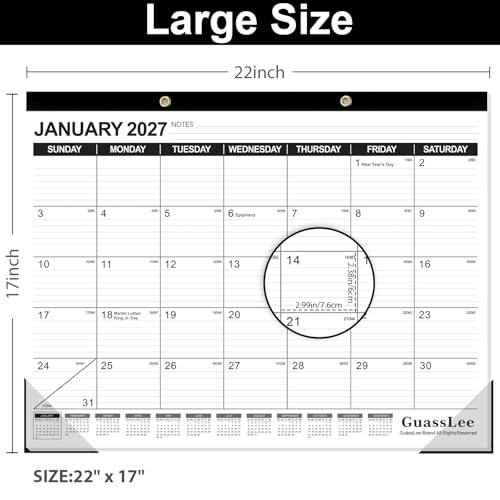 Image of GuassLee Large Desk Calendar 2026, 3 Packs, 19 Months from Jun. 2026 to Dec. 2027, 22 inch x 17 inch Desk /Wall Calendar Hanging Planner with Julian Date, Notes, Corner Protectors for School Home Office
