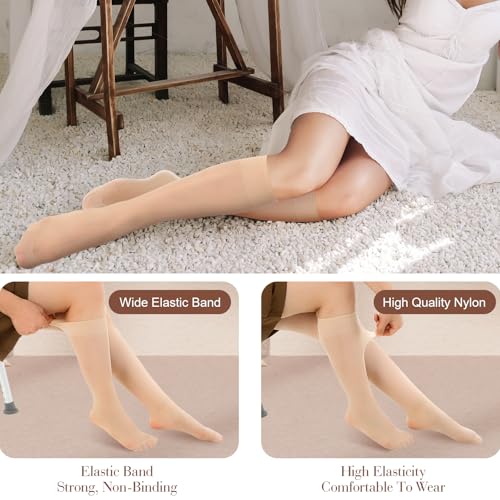 6 Pairs Knee High Stockings for Women, Elastic Sheer Nylon Socks with Reinforced Toe Toes Nude Black One Size2