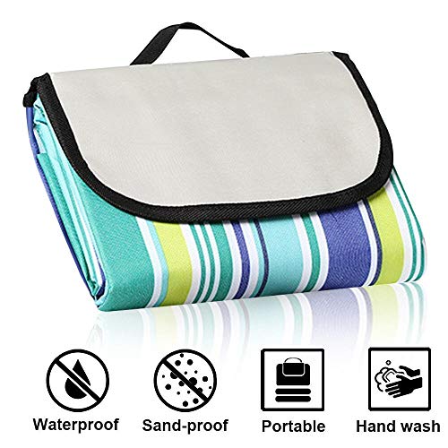 DAMIGRAM Coperta da Picnic, 200 x 150 cm Impermeabile Coperta Telo PIC-nic Tappeto Campeggio Giardino Pieghevole Extra Grande da Spiaggia con Manic per Outdoor Hiking Spiaggia (Blue Stripe)