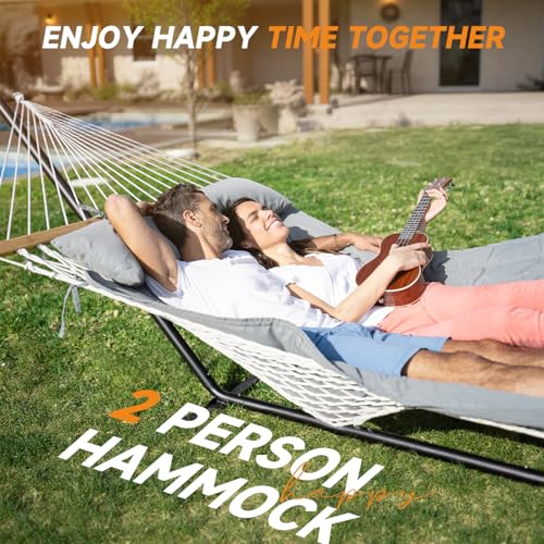 Image of Everyfun 2 Person Outdoor Hammock with Stand, Cotton Rope Hammock with Polyester Pad, Adjustable Steel Frame, Portable with Carrying Bag - for Patio, Backyard, Garden, Beach,Dark-Gray