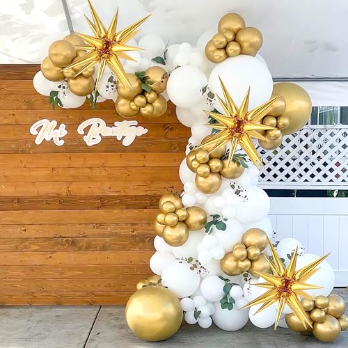 Image of White and Gold Balloons Garland Arch Kit, 130Pcs White Metallic Gold Confetti Balloon with Star Foil Balloons for Birthday Wedding Engagements Graduation Baby Shower Anniversary Party Decorations