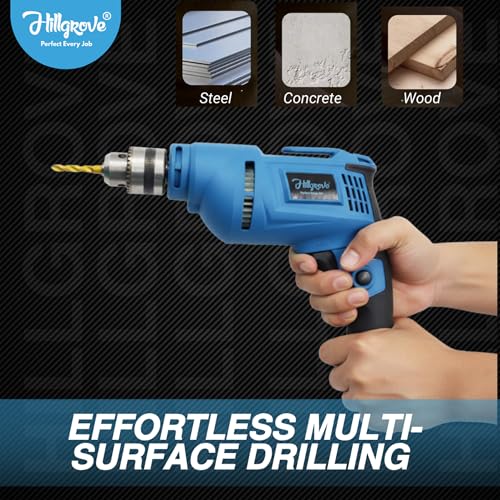 Image of Hillgrove HGCM1091M3 500W Power Drill Machine with 6Pcs Wood Working Hole Saw Drill Bits for Making Holes in Metal /Wood /Concrete with Reverse Rotation and Variable Speed Pistol Drill (10mm Chuck Size)
